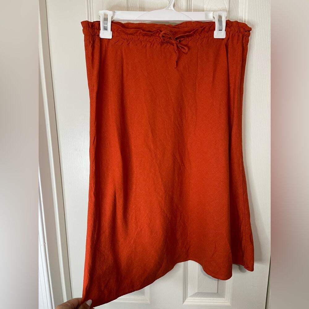 H&M Orange Linen Blend Knee Length Minimalist Pull On Elastic Waist Skirt 10